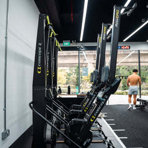 SkiErgs and rowers lined up on the STR Fitness Club training floor